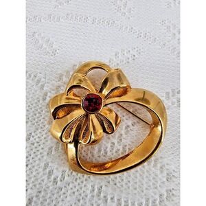 Vintage Gold Tone Heart Brooch Pin Red Rhinestone Love Romantic Gift Valentines